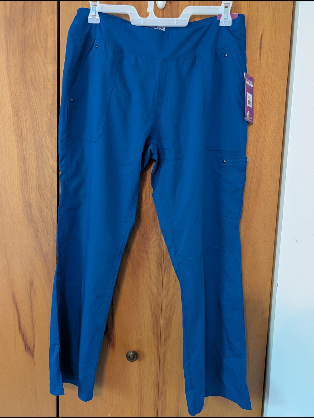 Women's Healing Hands Purple Label Yoga Scrub Pants Size L Petite Galaxy Blue